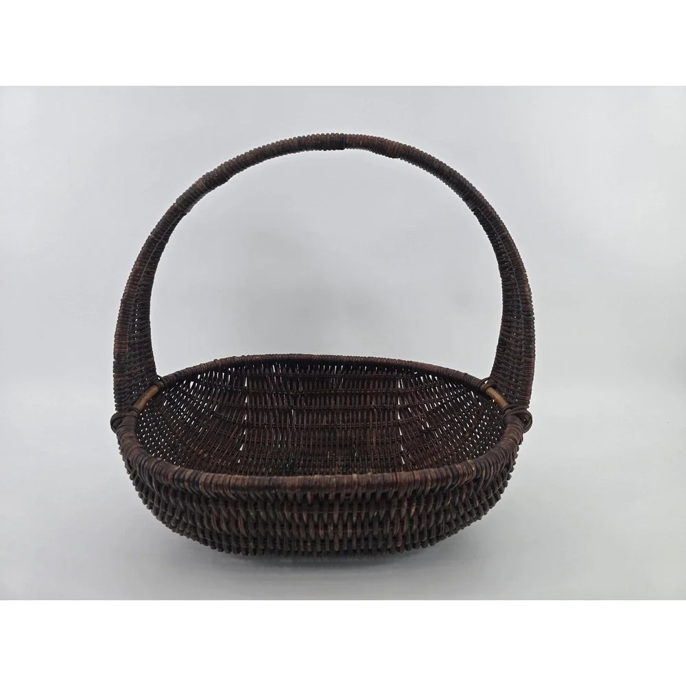 Vintage Dark Brown Woven Wicker Basket with Handle Oval Decorative Storage